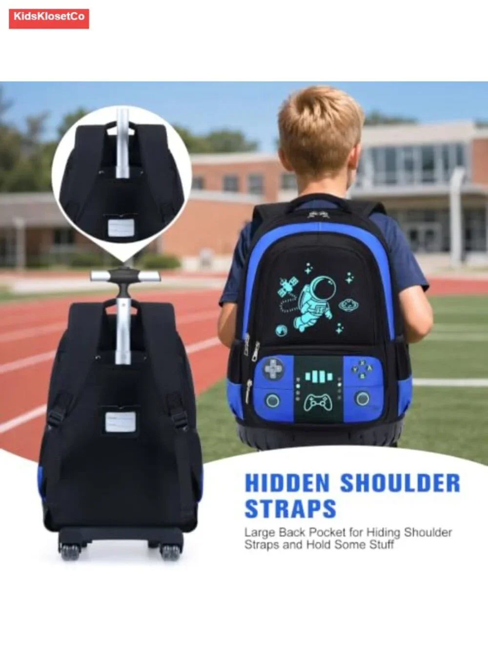 Rolling Backpack for Boys - Cool Luminous Gamer Wheeled Schoolbag with Lunch